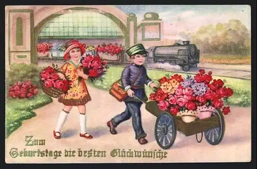 AK Page mit einem Karren Blumen am Bahnhof, Geburtstagsgruss
