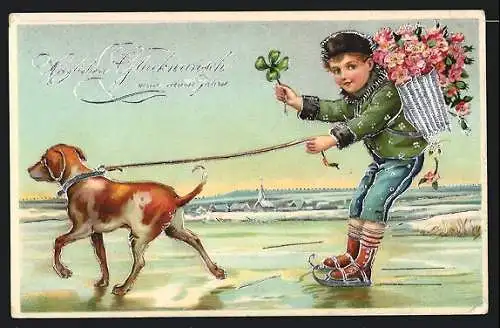 AK Junge auf Schlittschuhen mit Hund und Blumenkorb