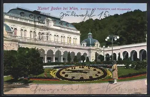 AK Baden bei Wien, Kurhaus mit Trinkhalle und Blumenuhr