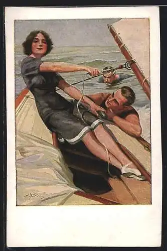 Künstler-AK Dame segelt über das Meer