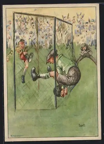 Künstler-AK Fussballer schiessen ein Tor