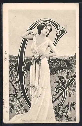 AK Buchstabe C auf einer Wiese, Dame mit Blumen im Haar