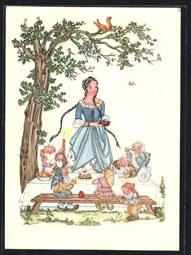 AK Schneewittchen mit den sieben Zwergen am Kaffeetisch, Märchen