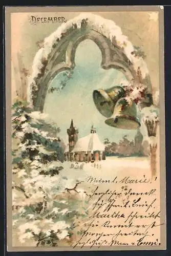 AK December, Winterliche Landschaft mit Kirche, Allegorie