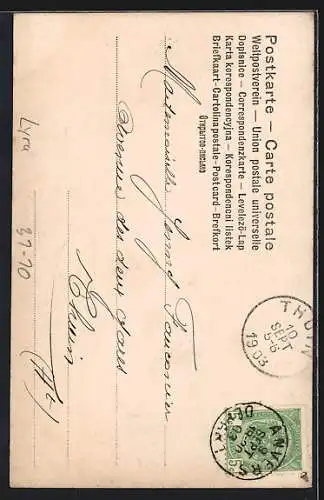 AK Junge Frau im Kleid mit Harfe