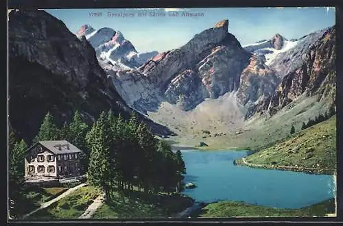 AK Seealpsee, Ortsansicht mit Haus, Säntis und Altmann