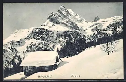 AK Braunwald, Holzhäuschen mit Ortstock im Winter