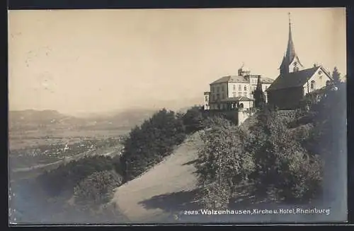 AK Walzenhausen, Kirche u. Hotel Rheinburg