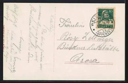 AK Brülisau, Teilansicht mit Kirche, Marwies, Säntis und Ebenalp