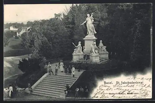 AK Basel, St. Jakobsdenkmal mit Besuchergruppe aus der Vogelschau