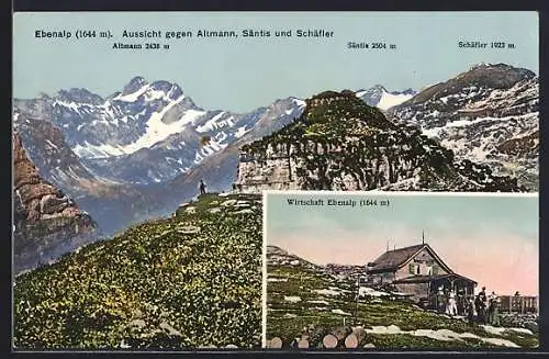 AK Appenzell, Gasthaus Ebenalp, Aussicht gegen Altmann, Säntis und Schäfler