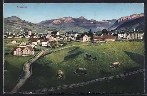 AK Appenzell, Ortsansicht mit Landstrasse, Kühen und Bergpanorama