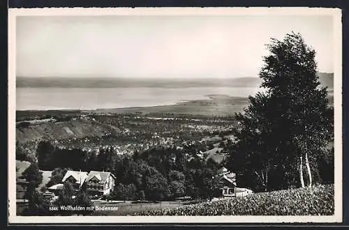 AK Wolfhalden, Totalansicht mit Bodensee von einer Anhöhe aus