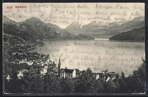 AK Weggis, Totalansicht mit Wasserblick und Bergpanorama