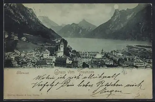 Mondschein-AK Ebensee, Ortsansicht mit Traunsee-Blick aus der Vogelschau