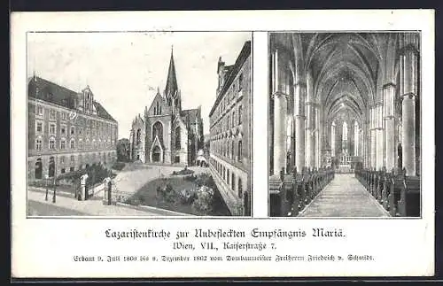 AK Wien, Lazaristenkirche zur Unbefleckten Empfängnis Mariä, Kaiserstrasse 7, Aussen- und Innenansicht
