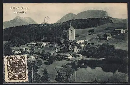 AK Maria Stein i. T., Ortsansicht mit Kaisergebirge aus der Vogelschau