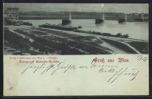 Mondschein-AK Wien, Kronprinz Rudolfs-Brücke mit Ufer und Schiffen