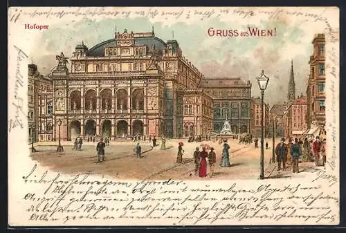 Lithographie Wien, Passanten bei der Hofoper