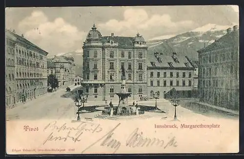 AK Innsbruck /Tirol, Margarethenplatz mit Säulendenkmal und Strasse