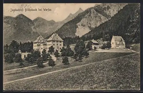 AK Werfen, Jagdschloss Blühnbach mit Kirche u. Gipfelpanorama