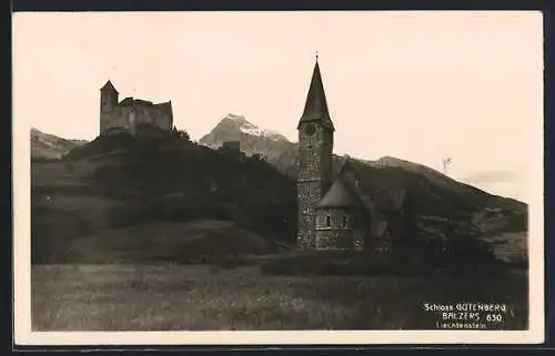 AK Balzers, Schlosss Gutenberg mit Kirche und Berggipfel