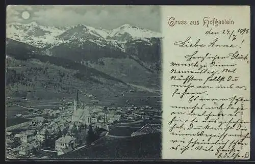 Mondschein-AK Hofgastein, Totalansicht mit Bergpanorama aus der Vogelschau