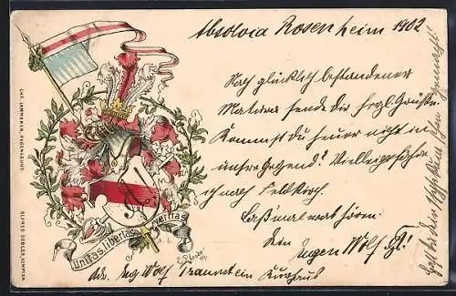 AK Studentenwappen mit Fahne und Ritterhelm, Unitas, libertas, veritas