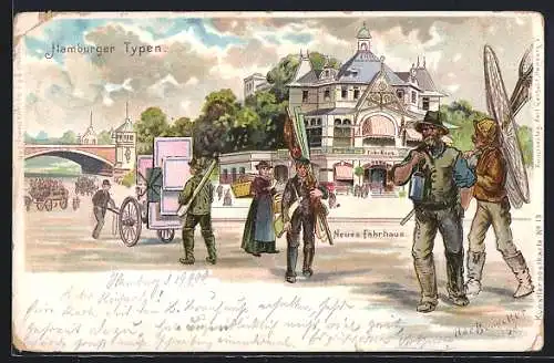 Lithographie Hamburg-St. Pauli, Hamburger Typen vorm neuen Fährhaus, Fischer und Händler