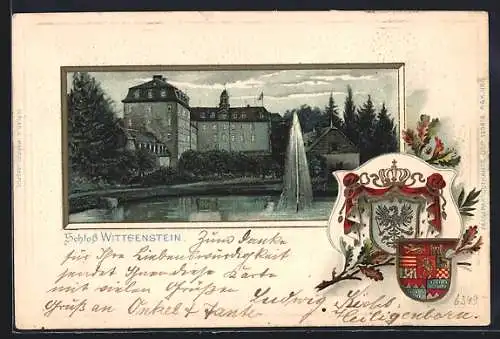 Passepartout-Lithographie Bad Laasphe, Ansicht von Schloss Wittenstein, Wappen