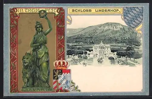 Passepartout-Lithographie Schloss Linderhof, Wappen und Bavaria