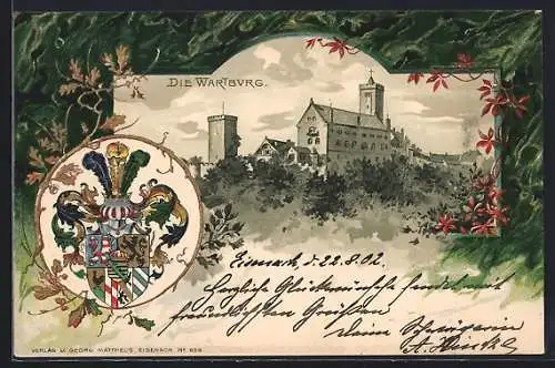 Lithographie Die Wartburg, Totale und Wappen