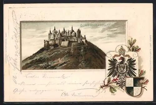 Künstler-Lithographie Diefenbach: Sicht auf die Burg Hohenzollern, Wappen