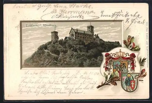 Passepartout-Lithographie Eisenach, Blick auf die Wartburg mit Wappen