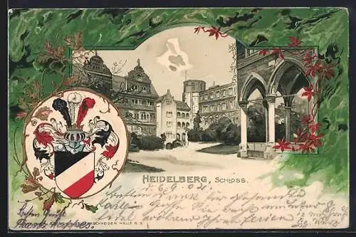 Passepartout-Lithographie Heidelberg, Schloss mit Stadtwappen