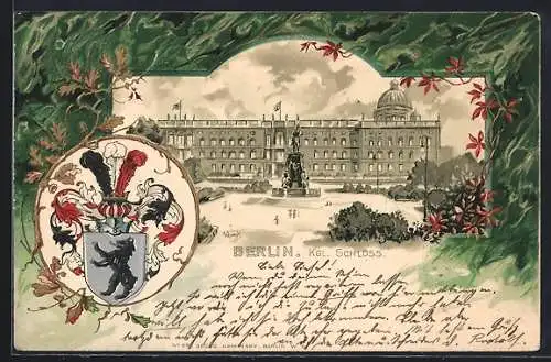 Passepartout-Lithographie Berlin, Königliches Schloss, Wappen und Eichenzweig