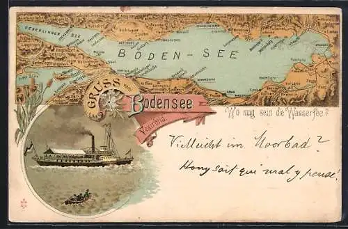 Lithographie Konstanz / Boden-See, Landkarte mit Bregenz, Haag und Lochau, Dampfer auf hoher See