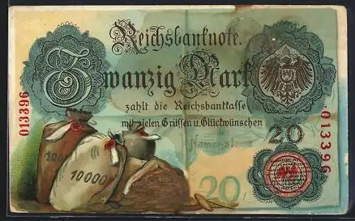 AK Reichsbanknote 20 Mark, Geldsäcke und Gruss zum Namenstag