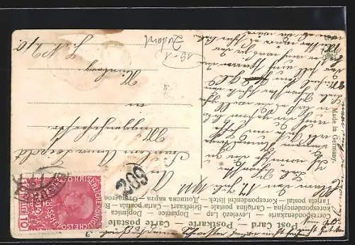 AK Reichsbanknote 20 Mark, Geldsäcke und Gruss zum Namenstag