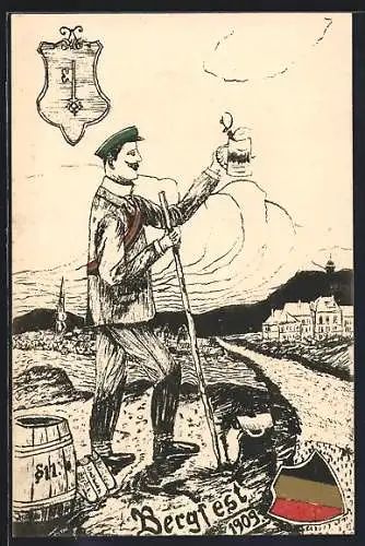 Künstler-AK Bergfest 1909, Student mit Bierkrug, Studentenwappen