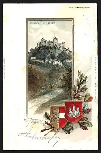 Lithographie Hohen Salzburg, Motiv und Wappen