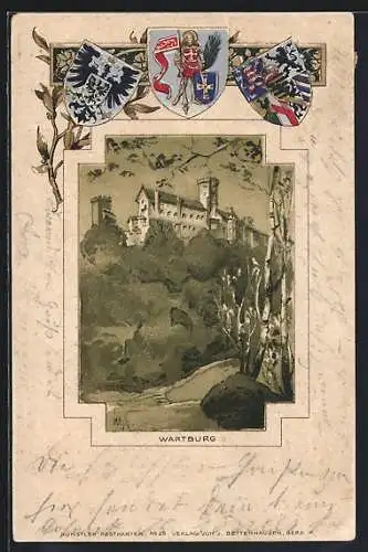 Passepartout-Lithographie Eisenach, Gesamtansicht der Wartburg aus dem Wald, Wappen