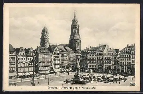 AK Dresden, Altmarkt mit Siegesdenkmal und Kreuzkirche