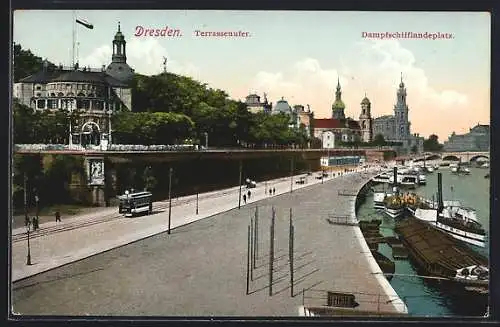 AK Dresden, Terrassenufer mit Strassenbahn und Dampfschifflandeplatz