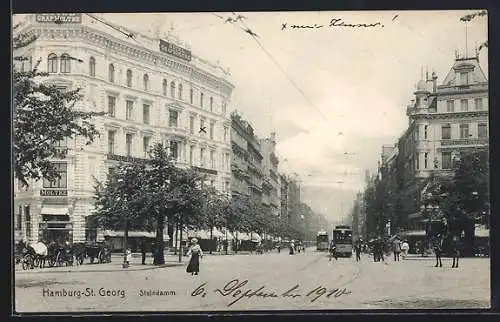 AK Hamburg-St. Georg, Steindamm mit Strassenbahnen und Eckgebäude Hotel Graf Moltke