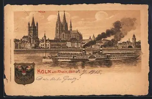 Lithographie Köln am Rhein, Stadtpanorama mit Dom und Dampfer, Wappen