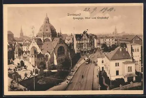 AK Dortmund, Synagoge, Blick vom Grafenhof, mit Anlage und Strassenbahn