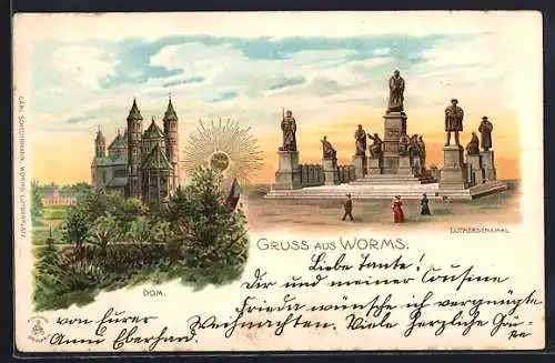 Sonnenschein-AK Worms, Lutherdenkmal, Dom