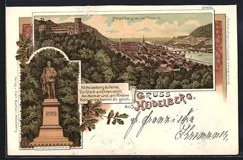 Lithographie Heidelberg, Scheffel-Denkmal, Ortsansicht von der Terrasse