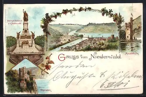 Lithographie Bingen / Rhein, Rheinstein, Mäusethurm, National-Denkmal auf dem Niederwald